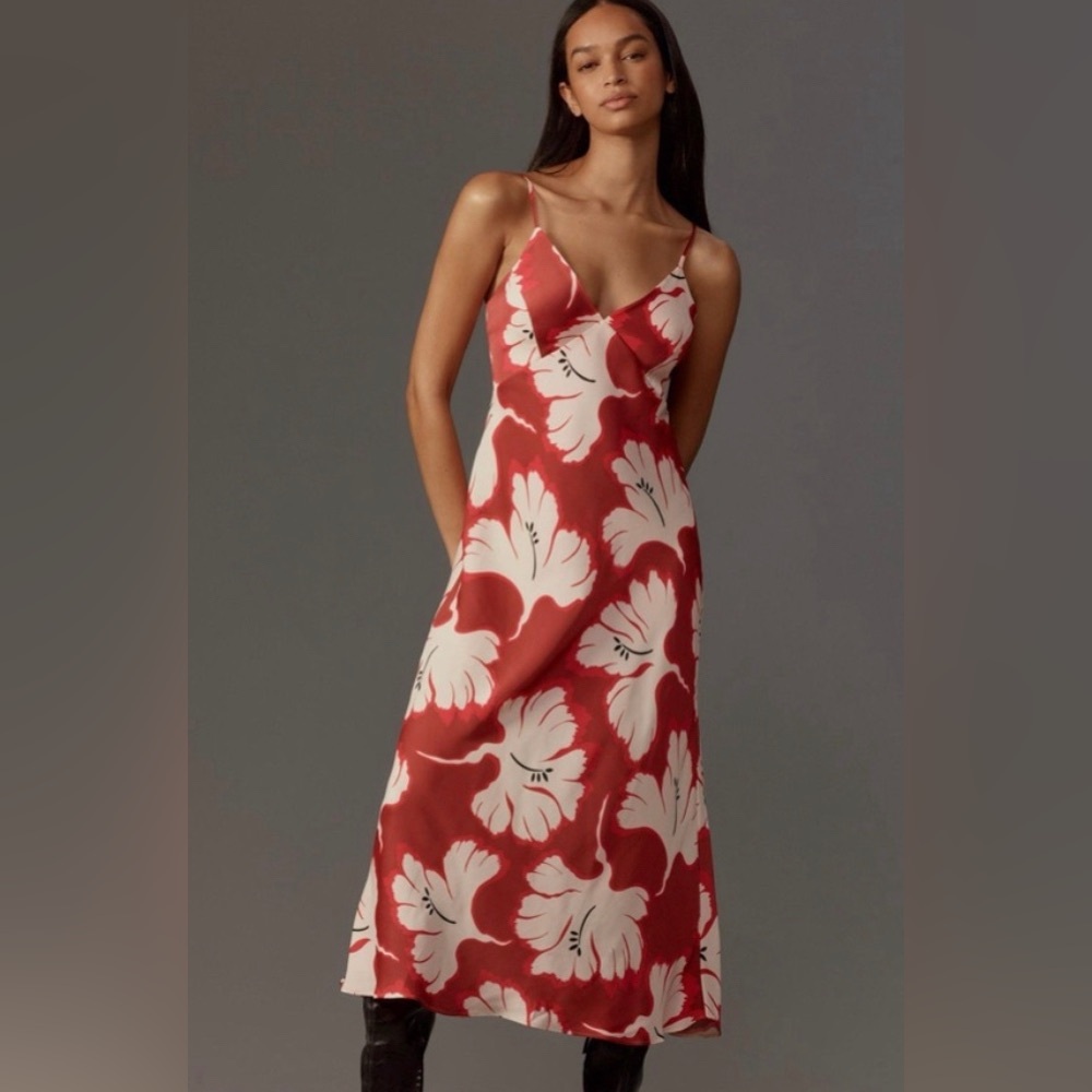 Anthropologie Red and Cream Floral Slip Midi Dress